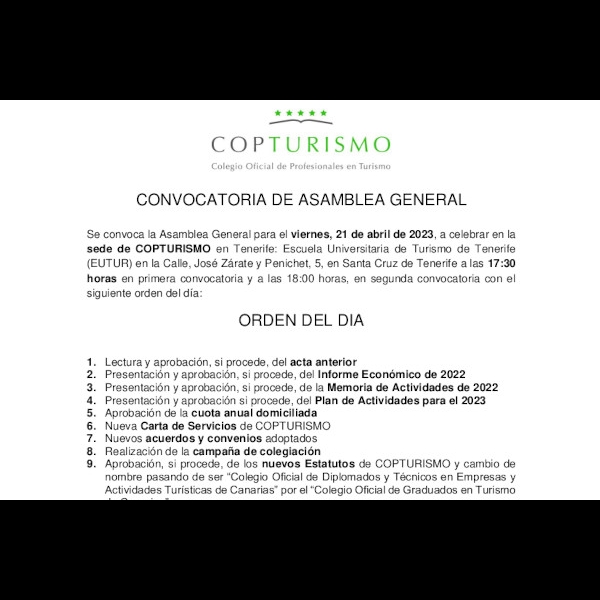 Convocatoria de la Asamblea General del Colegio Oficial de Profesionales de Turismo-COPTURISMO